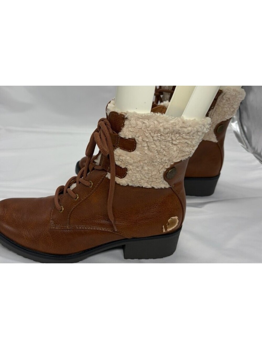 Baretraps Brown Faux Leather Mid-Calf Combat Boots Lace Up Faux Fur Lined 7.5
